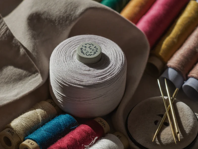 Garnspoler, broderigarn, stofrester og messingnåle med en lille nålepude