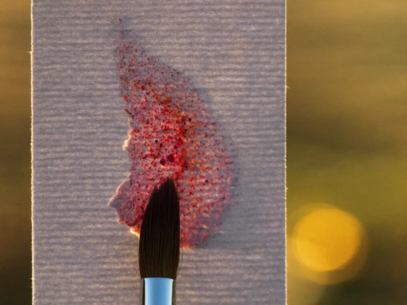Nærbillede af akvarelpapirets tekstur med pigment og penselhår